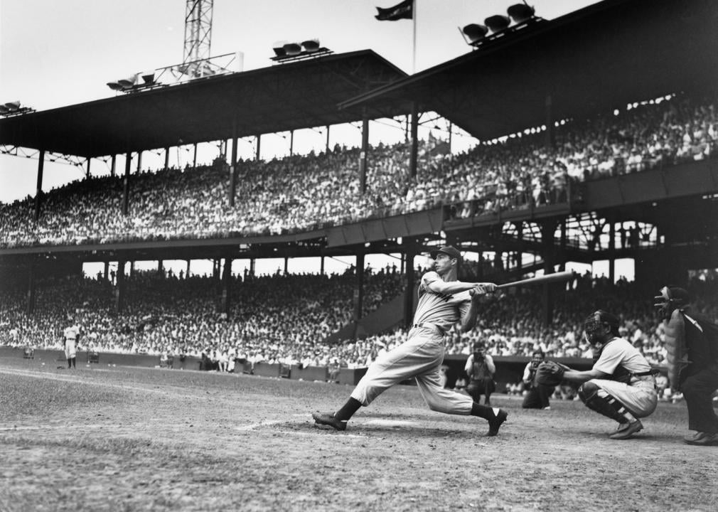 Joe DiMaggio of the New York Yankees batting