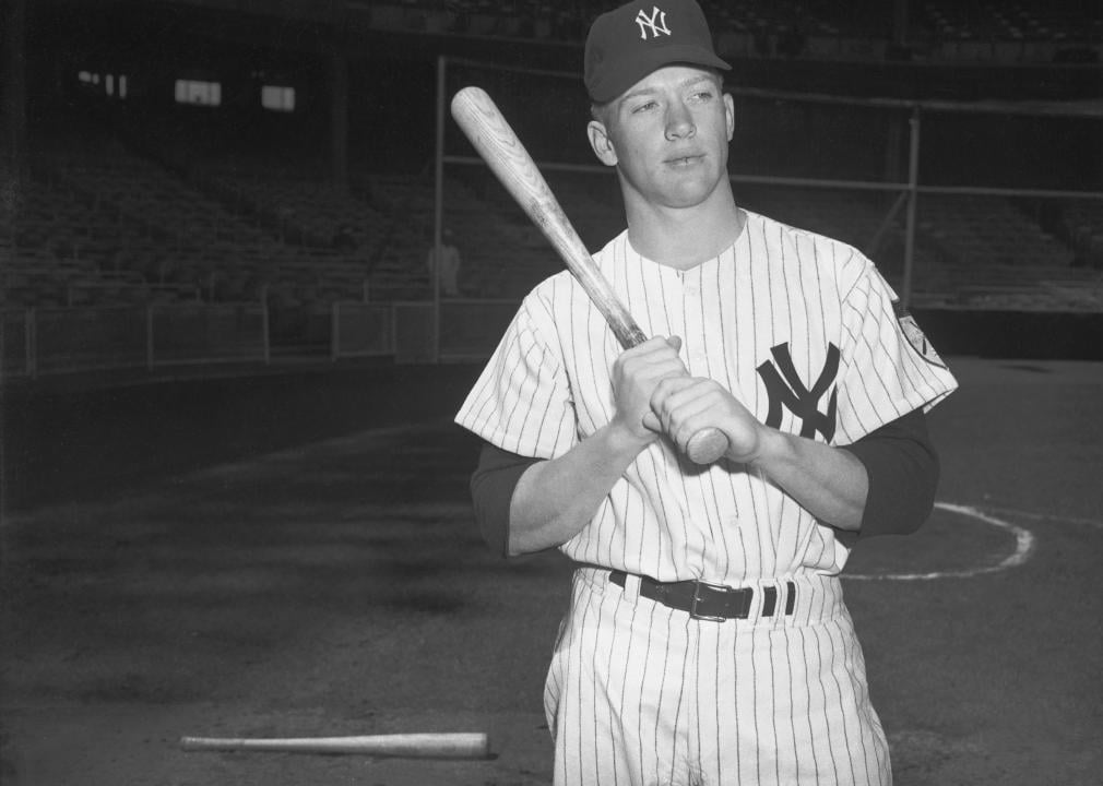 Mickey Mantle 1951 in Yankees uniform in batting pose