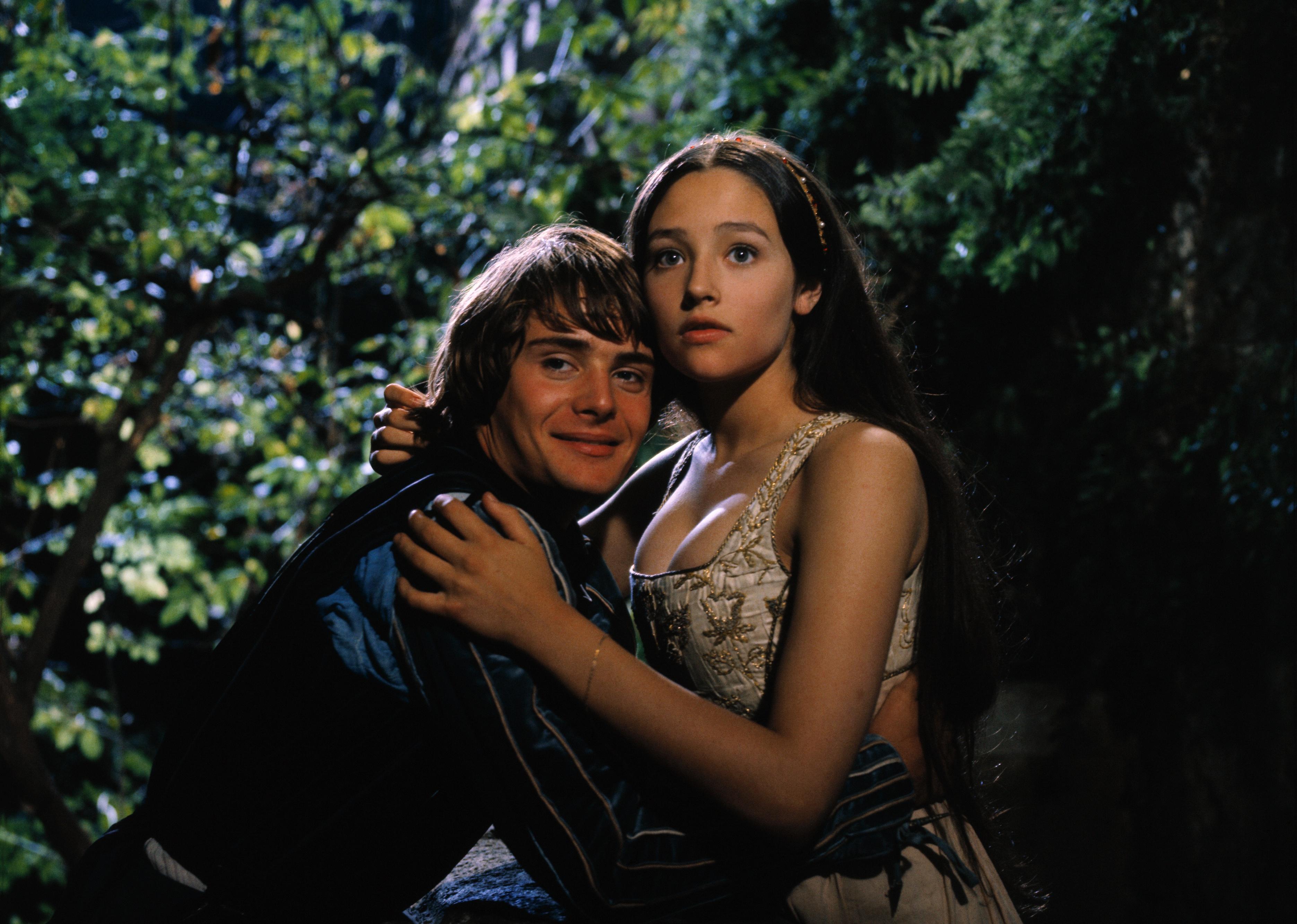 Olivia Hussey and Leonard Whiting embracing in Romeo and Juliet.