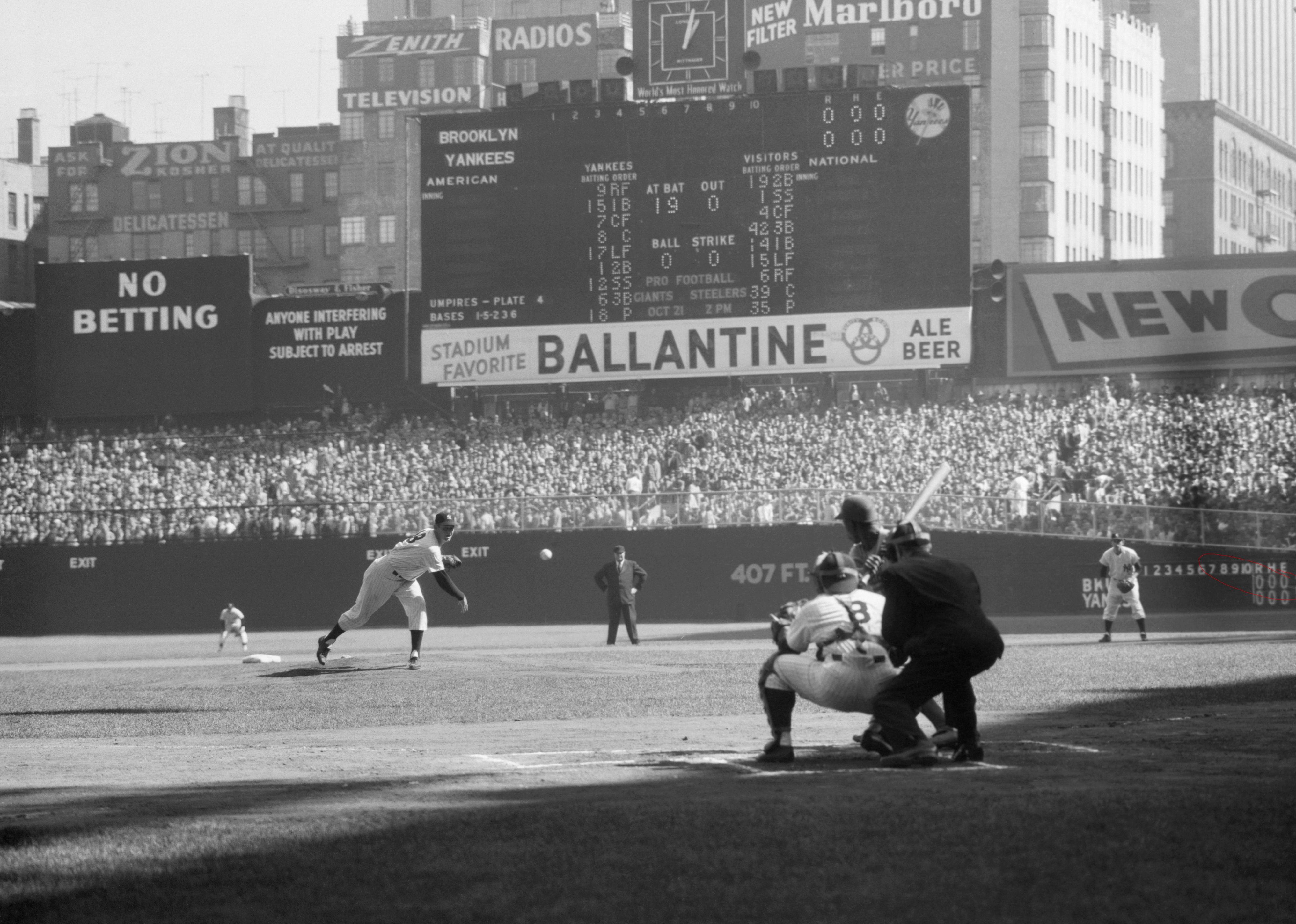 Don Larsen pitches for the New York Yankees in Game 5 of the 1956 World Series.