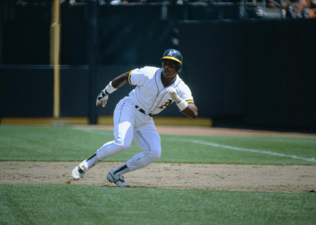 Oakland A's Ricky Henderson runs during a game.