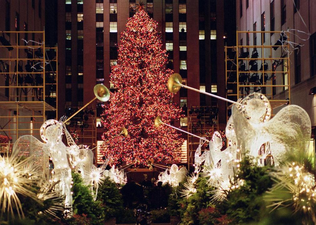 Rockefeller Center Christmas Tree lit at night.