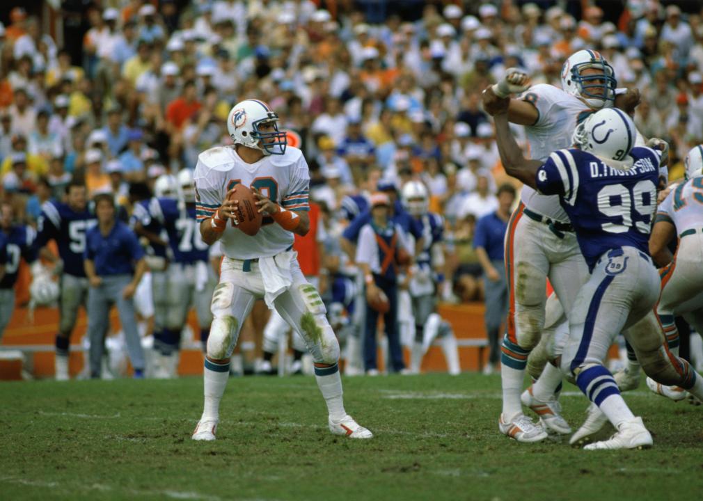 Dan Marino, of the Miami Dolphins, prepares to throw the football.