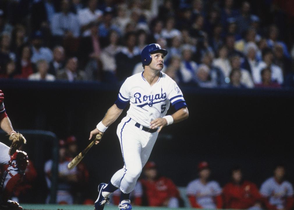 George Brett #5 of the Kansas City Royals watches his ball fly and starts to run.