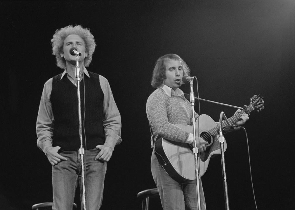 Simon and Garfunkel perform at a Madison Square Garden concert.