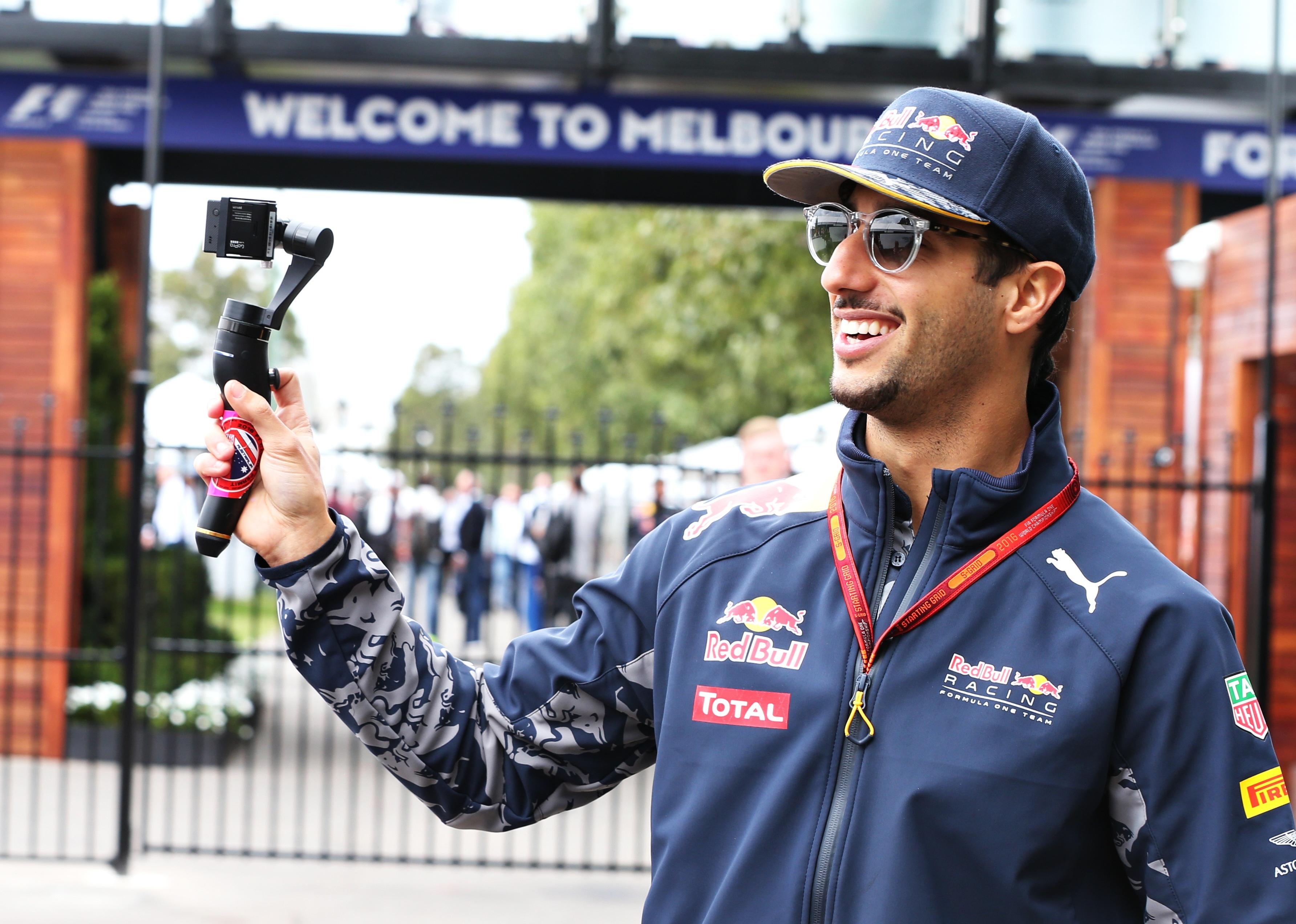 Daniel Ricciardo of Australia and Red Bull Racing with a GoPro camera during qualifying for the Australian Formula One Grand Prix.