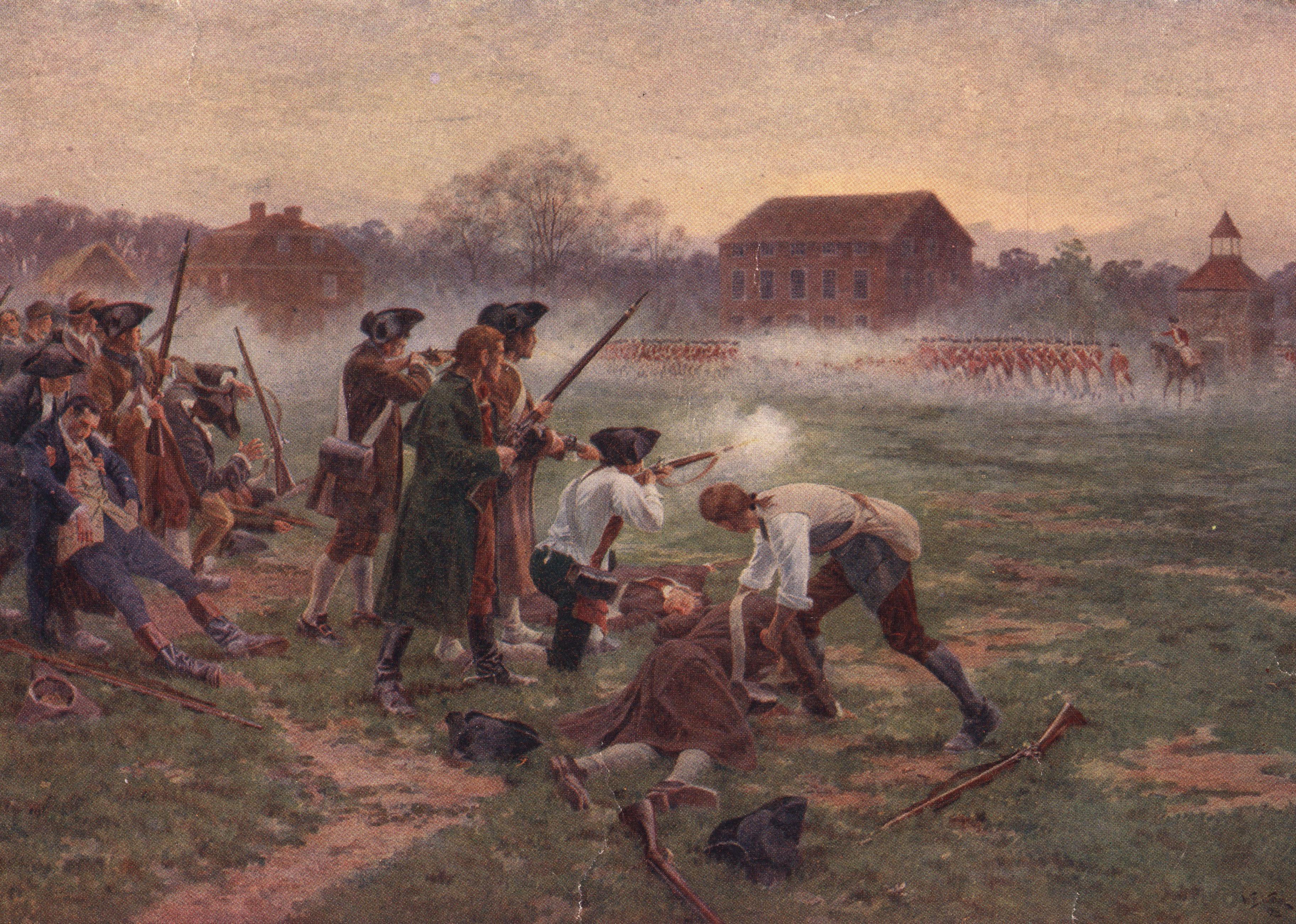 Minutemen facing British soldiers on Lexington Common, Massachusetts.