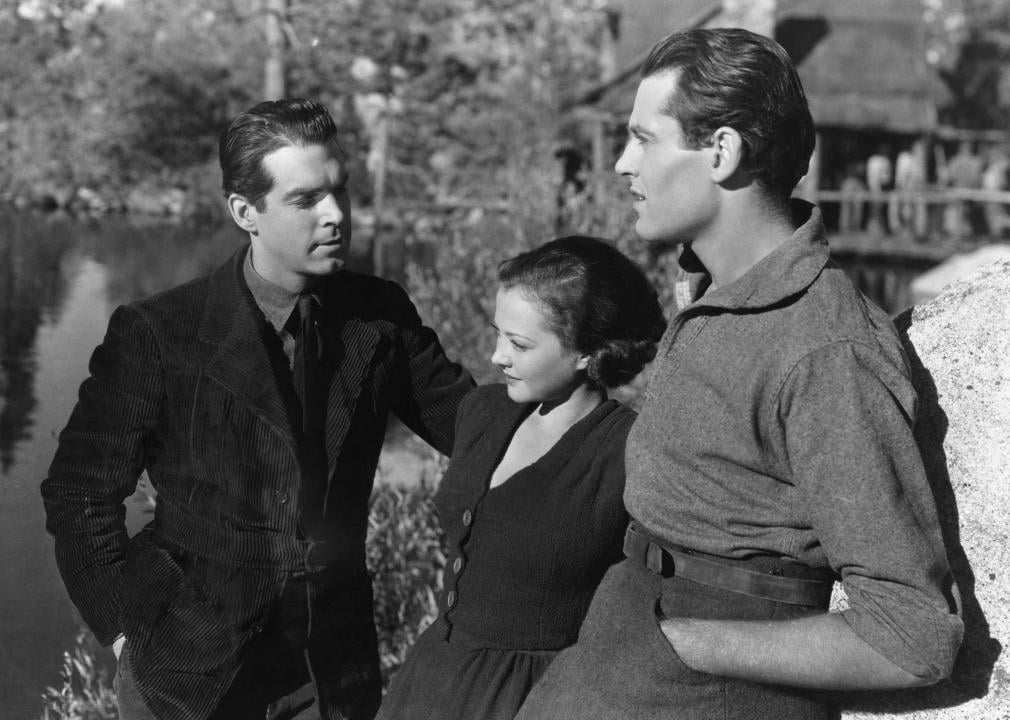 Fred MacMurray, Sylvia Sidney, and Henry Fonda in a publicity still for "The Trail of the Lonesome Pine"