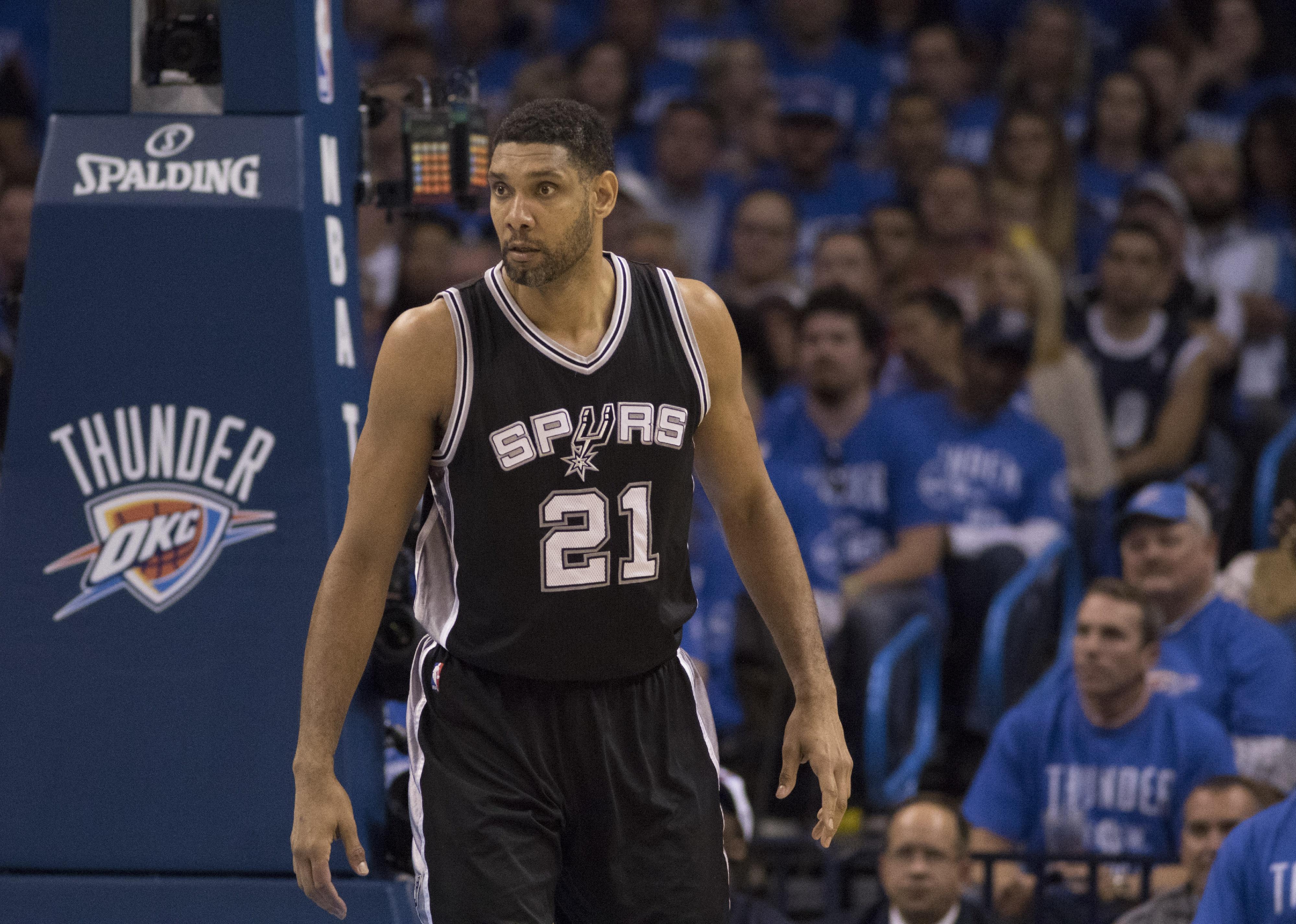 Tim Duncan of the San Antonio Spurs looks on during a game.