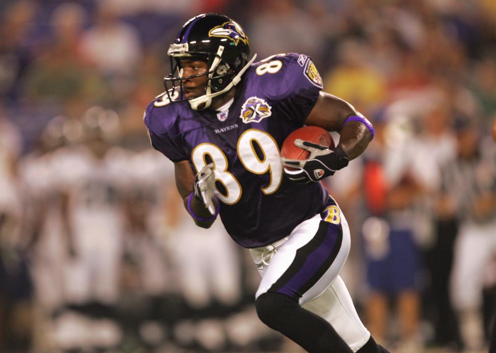 Mark Clayton #89 of the Baltimore Ravens carries the ball during the preseason game.