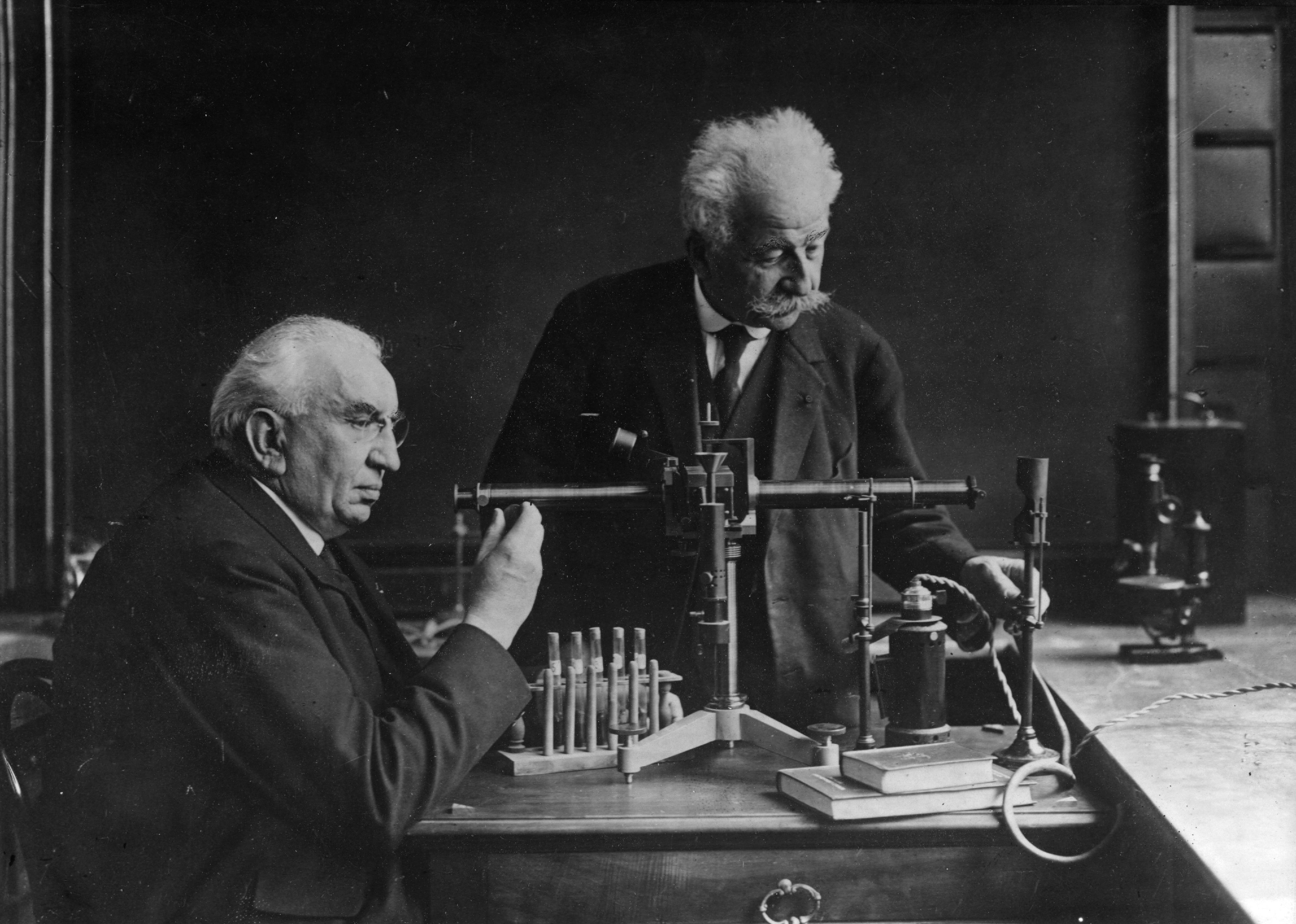 Brothers Louis and Auguste Lumière in their workshop.