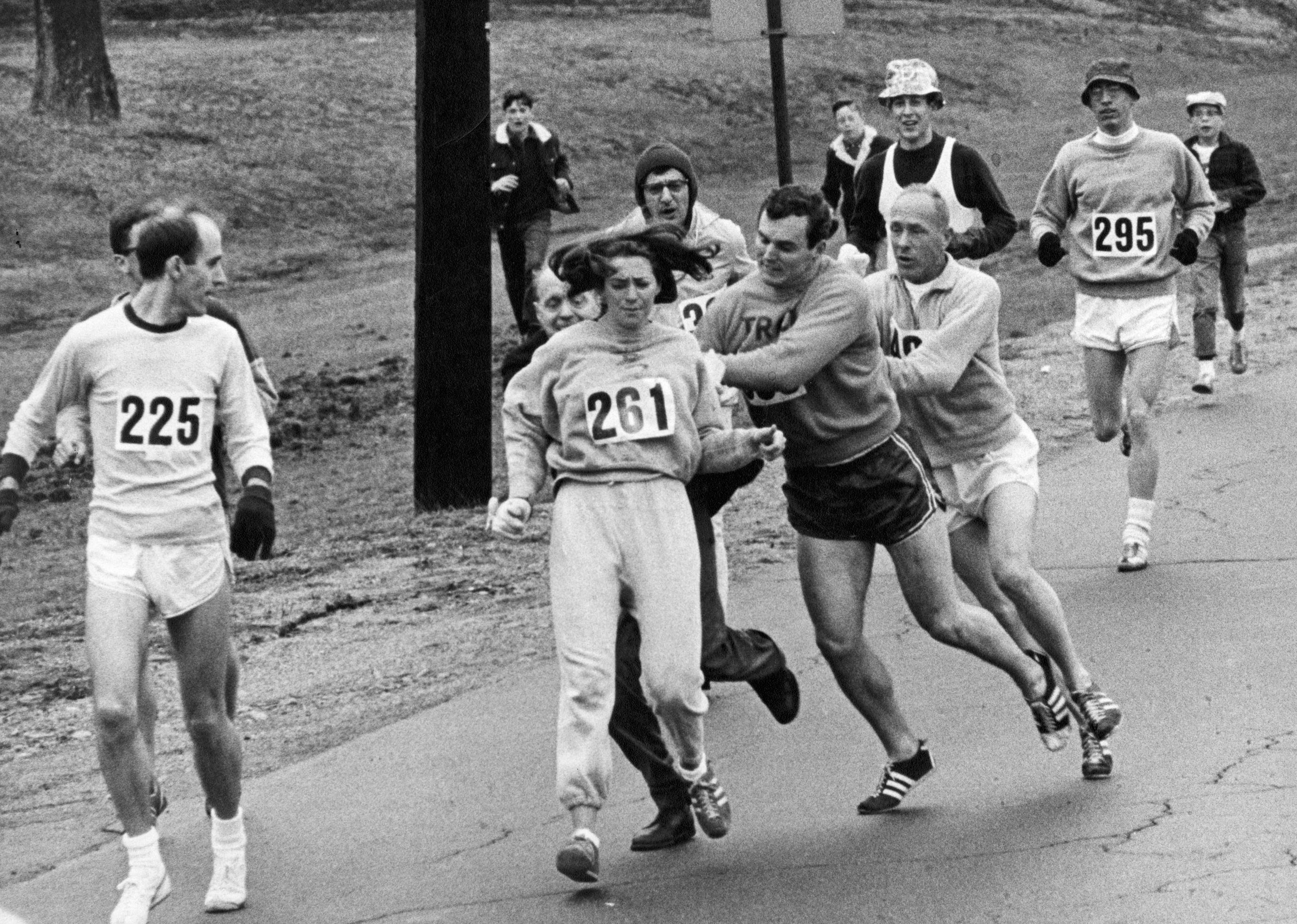 Kathy Switzer roughed up by Jock Semple during the Boston Marathon.