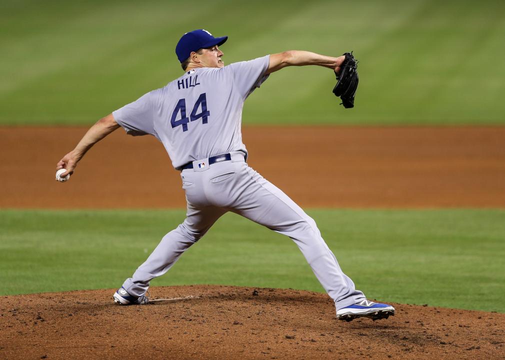 Rich Hill of the Los Angeles Dodgers pitches during a game