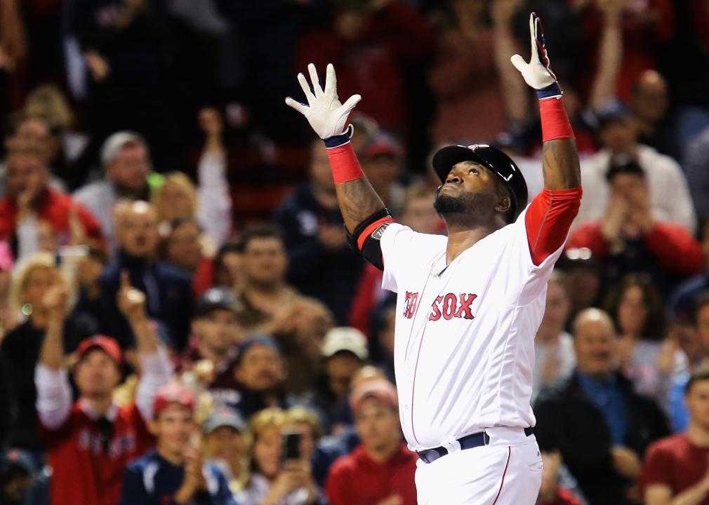 David Ortiz of the Boston Red Sox celebrates after hitting a home run