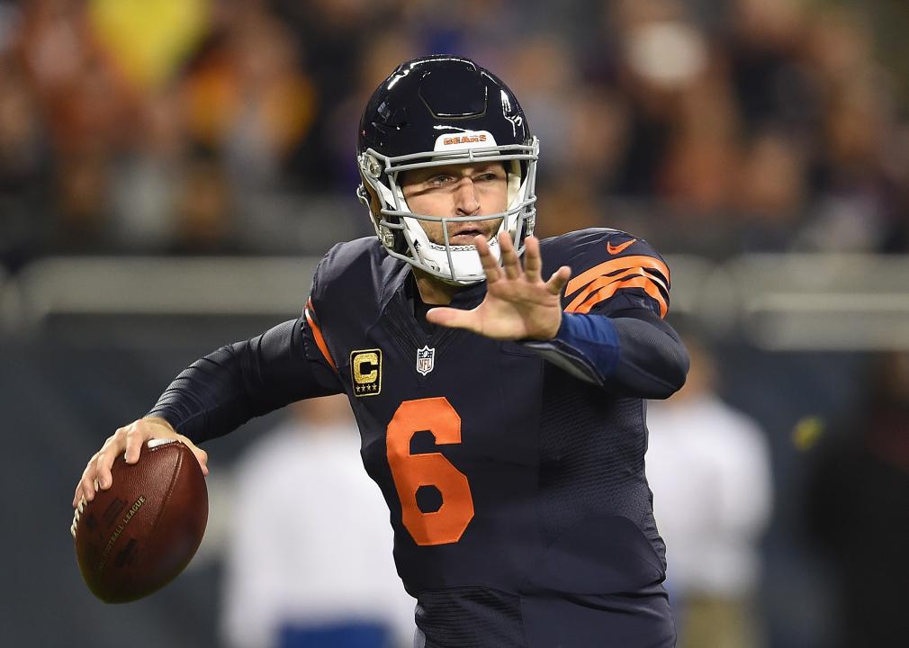Jay Cutler of the Chicago Bears looks to throw a pass during a game.