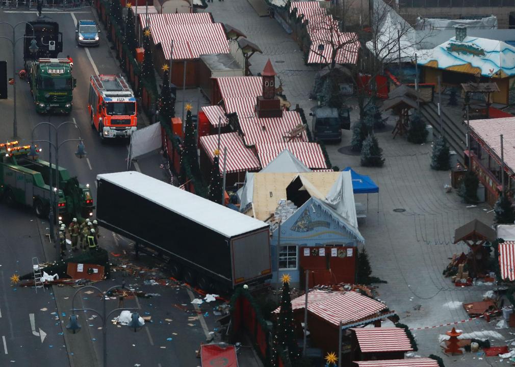 Elevated view showing the damage caused by a truck in the Christmas market in Berlin.