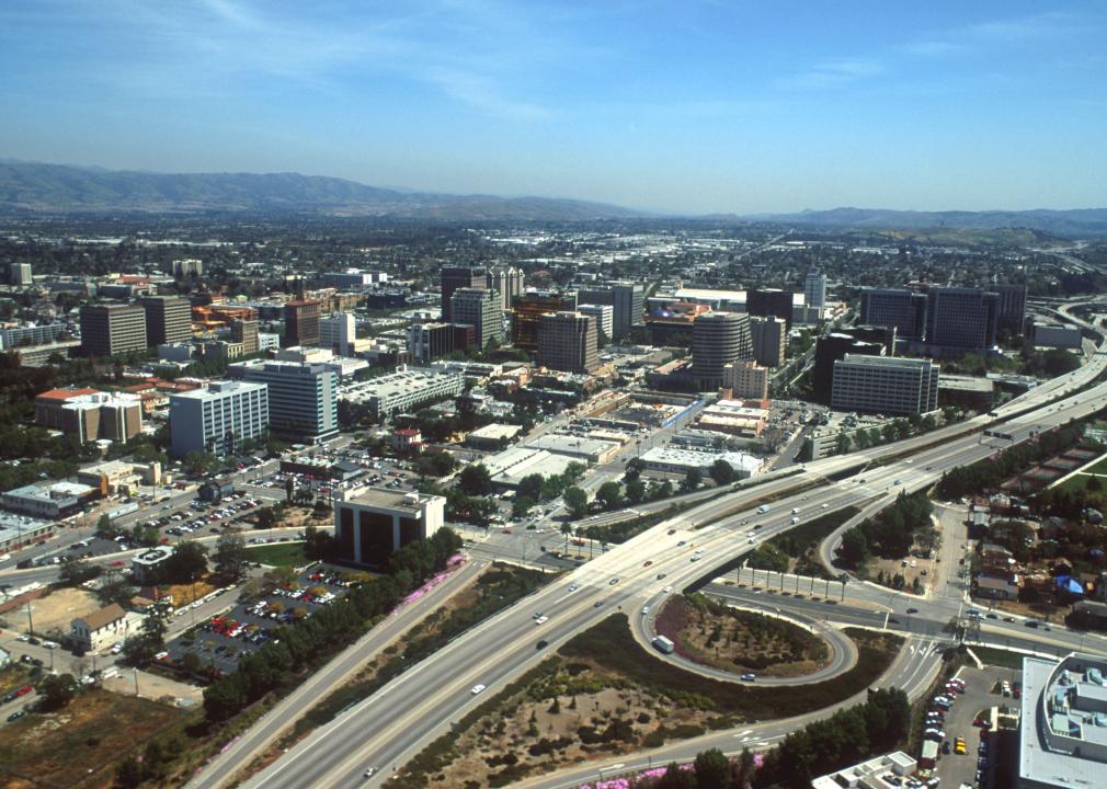 Large freeways curl through the city in 2000 in San Jose, California.