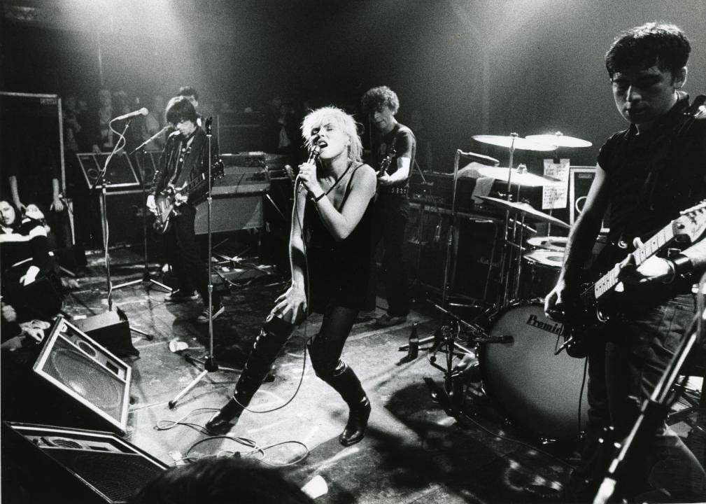 Debbie Harry of Blondie performing onstage with her band.