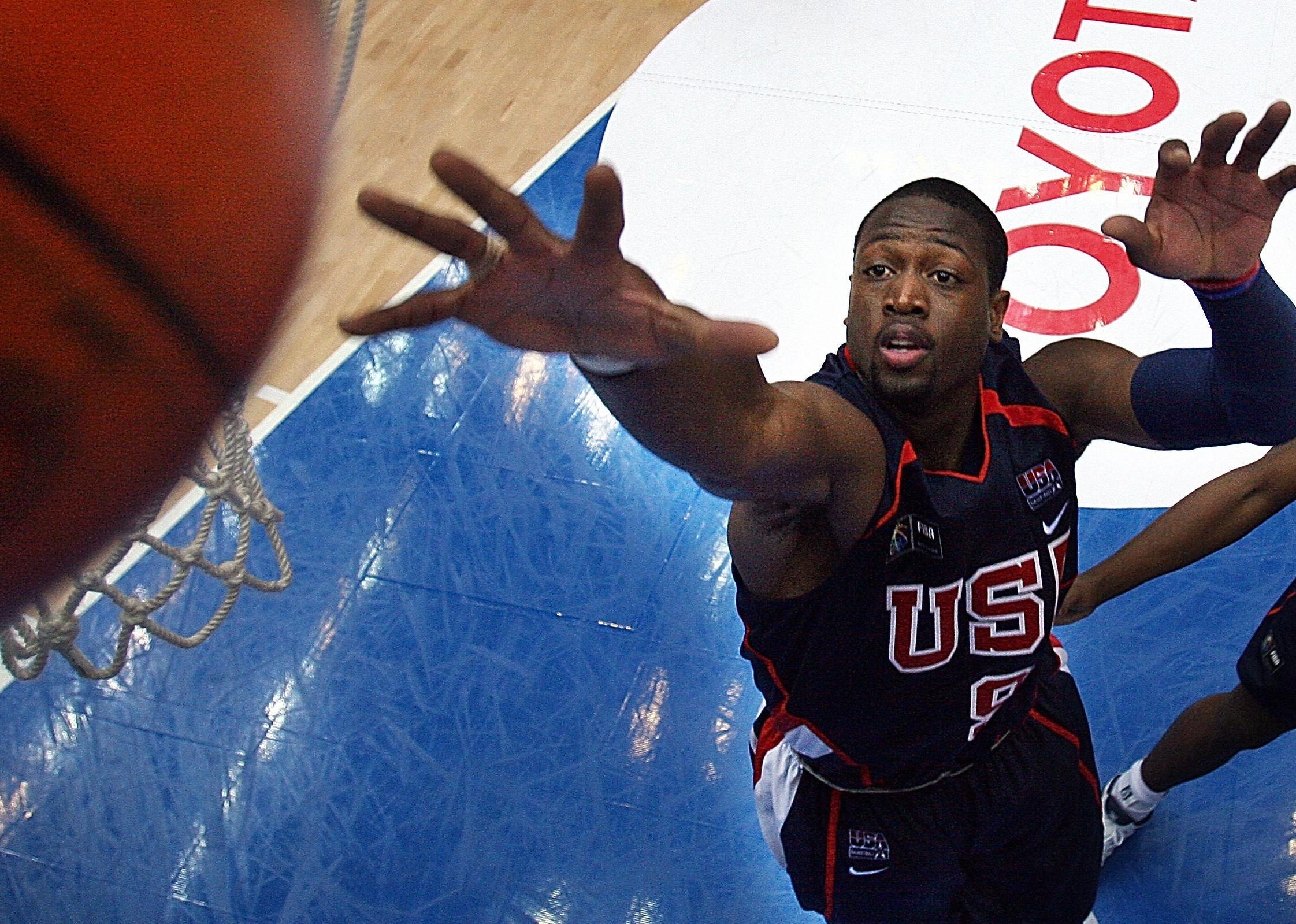 Dwyane Wade of the US jumps for a rebound.