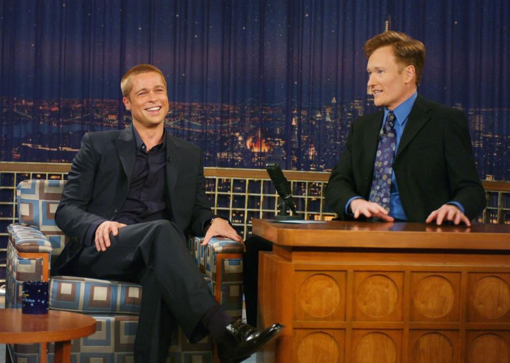 Conan O'Brien with Brad Pitt on set of "Late Night with Conan O' Brien"