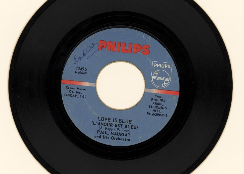 View of a 7" 45rpm single by Paul Mauriat that features 'Love Is Blue'