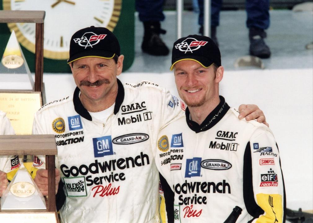 Dale Earnhardt Sr. and his son, Dale Earnhard Jr., pose together at the raceway in Daytona Beach, Florida.