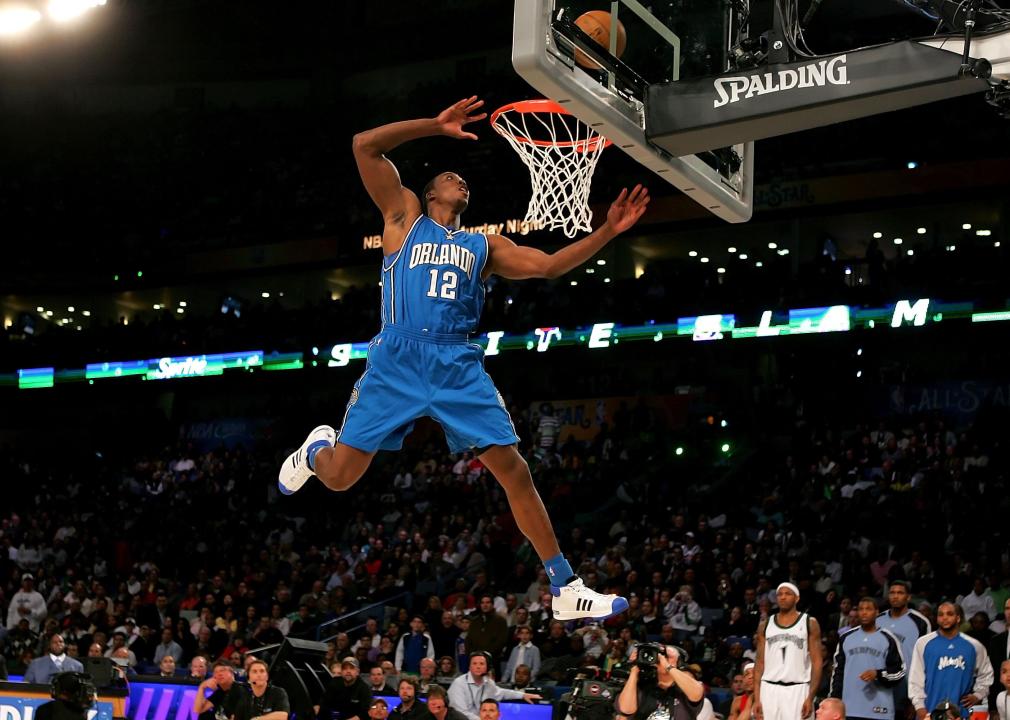 Low wide angle of Dwight Howard of the Orlando Magic dunking a ball