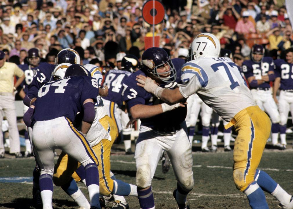 Ron Yary of the Minnesota Vikings provides pass protection against defensive tackle Ron East