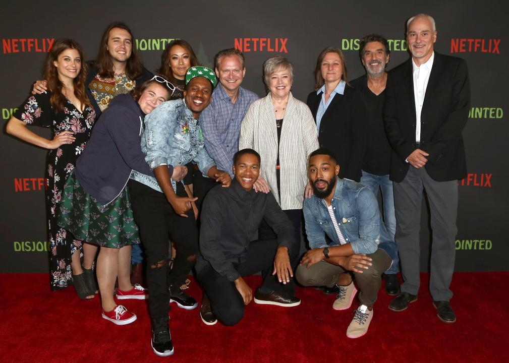 The cast and producers of Disjointed at the premiere on the red carpet.
