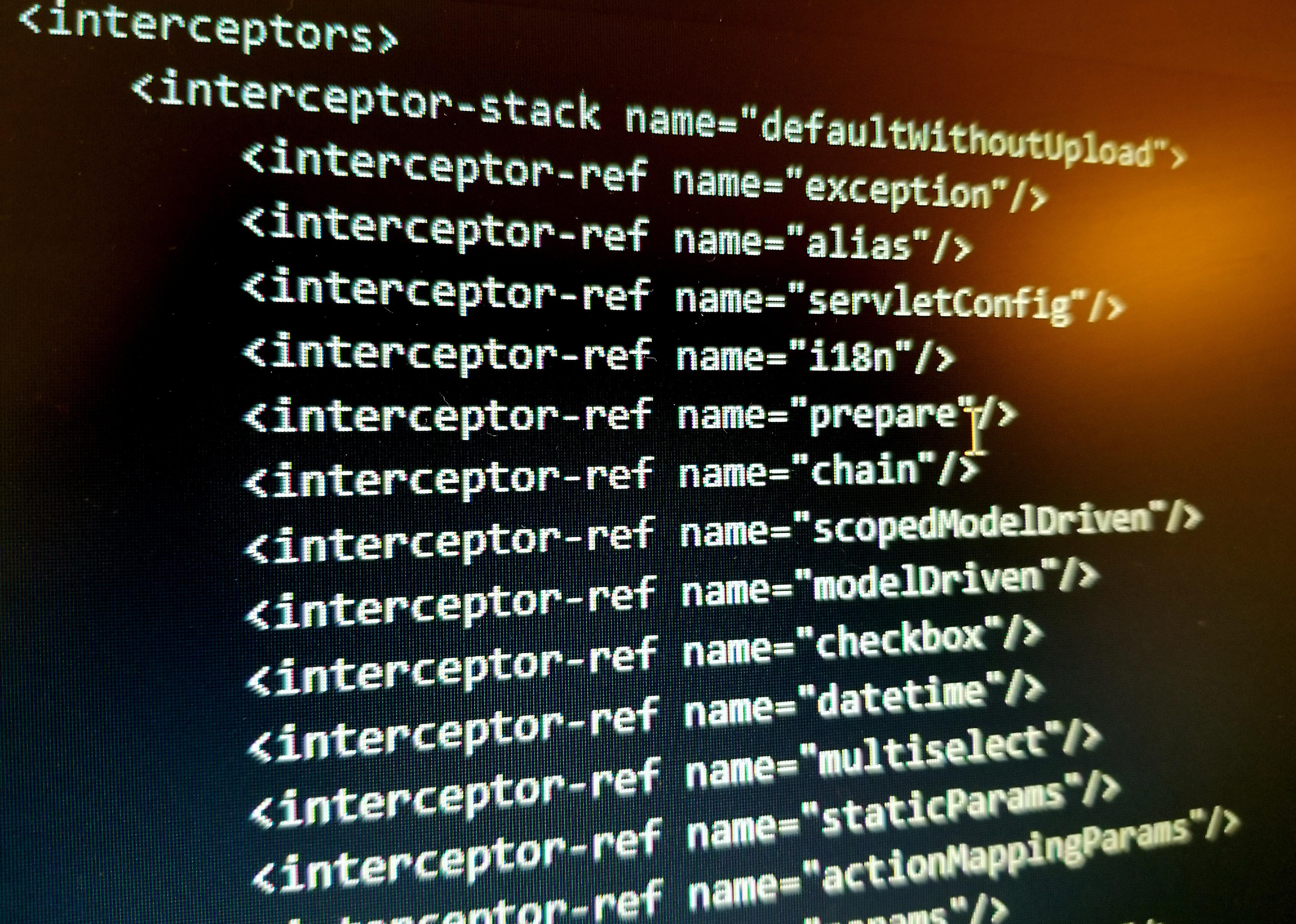 Close-up of code on a computer screen for the Apache Struts framework, which was exploited by computer hackers.