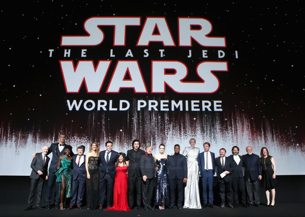 Group shot of the stars at the premiere of Lucasfilm's "Star Wars: The Last Jedi" at The Shrine Auditorium.