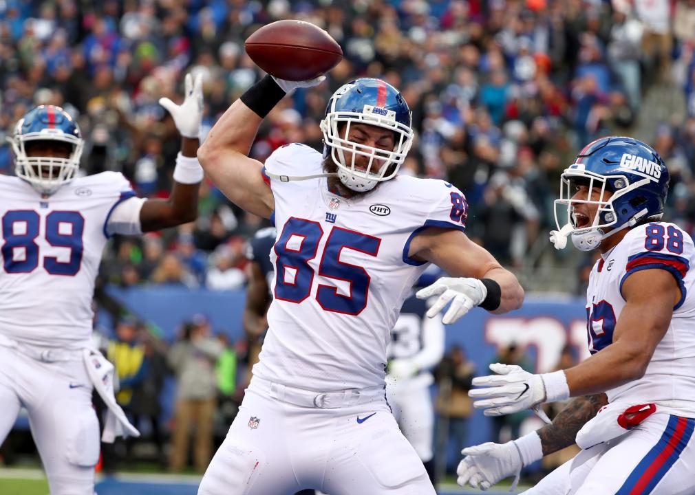 Rhett Ellison #85 of the New York Giants celebrates after scoring a touchdown.