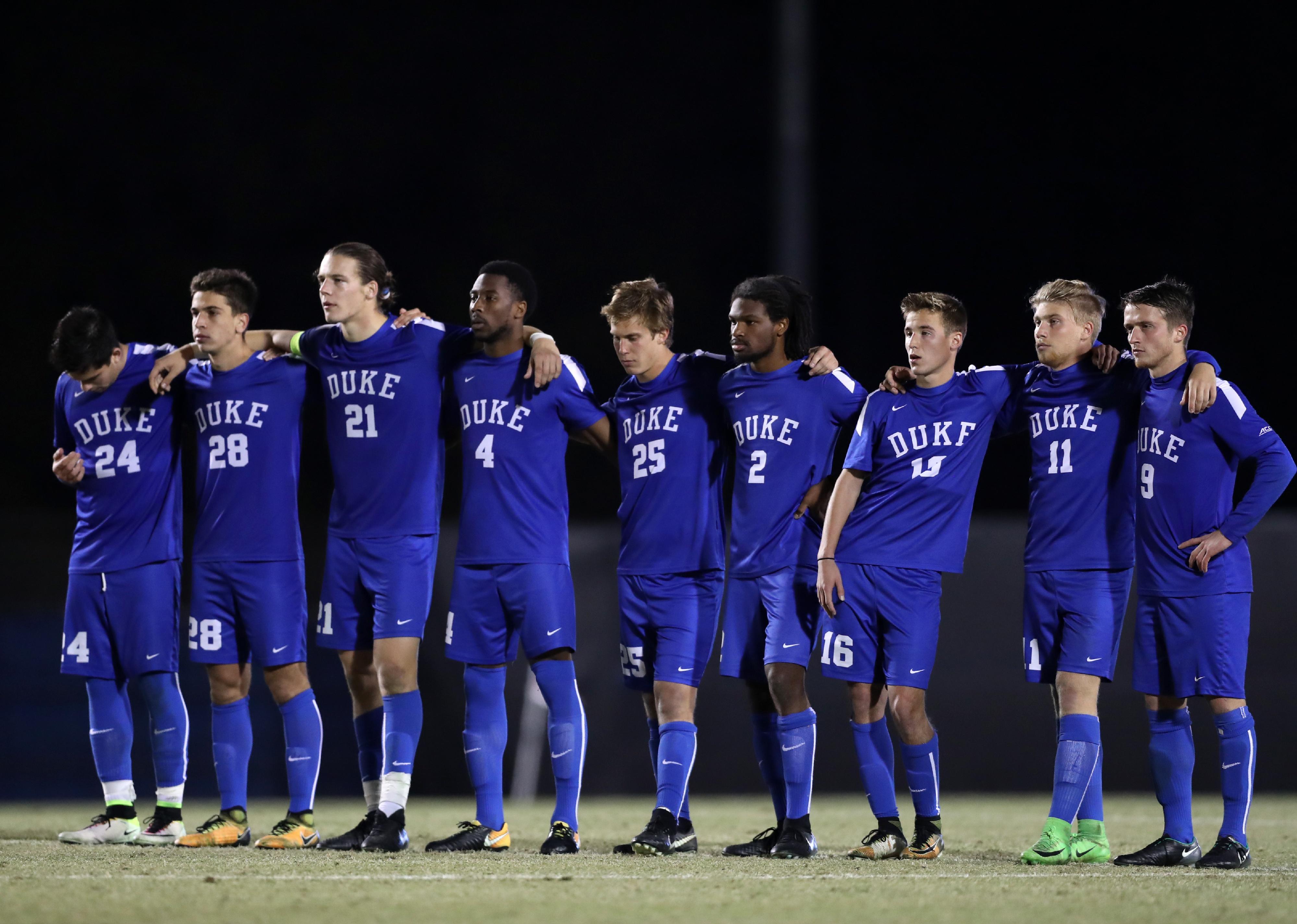 Duke players during a penalty kick shootout. 