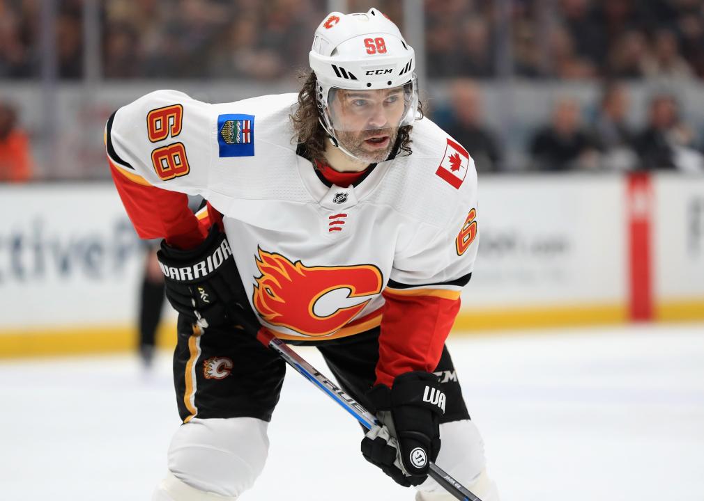 Jaromir Jagr of the Calgary Flames looks on during the second period of a game