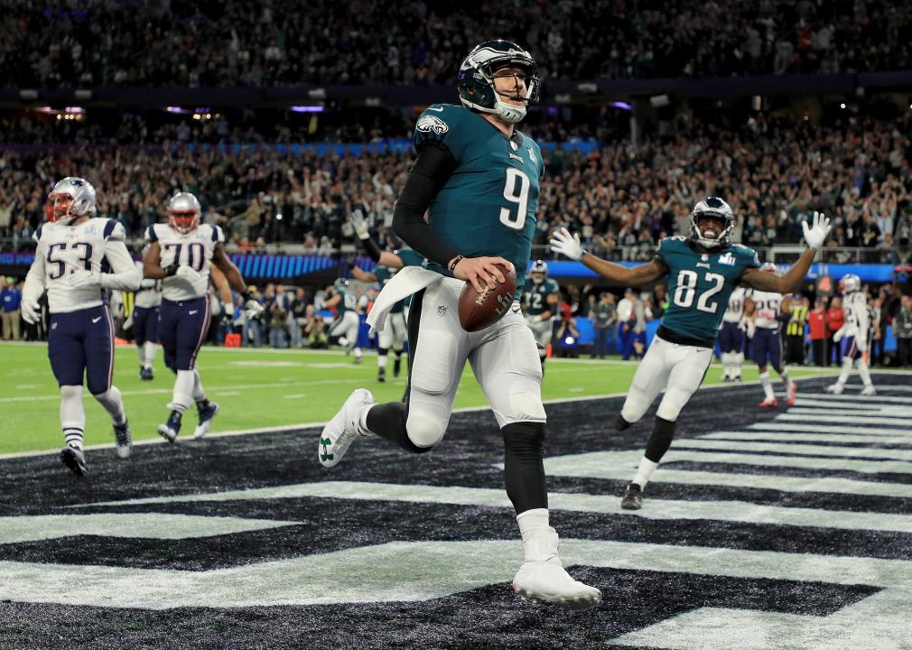 Nick Foles of the Philadelphia Eagles reacts after a 1-yard touchdown reception against the New England Patriots.