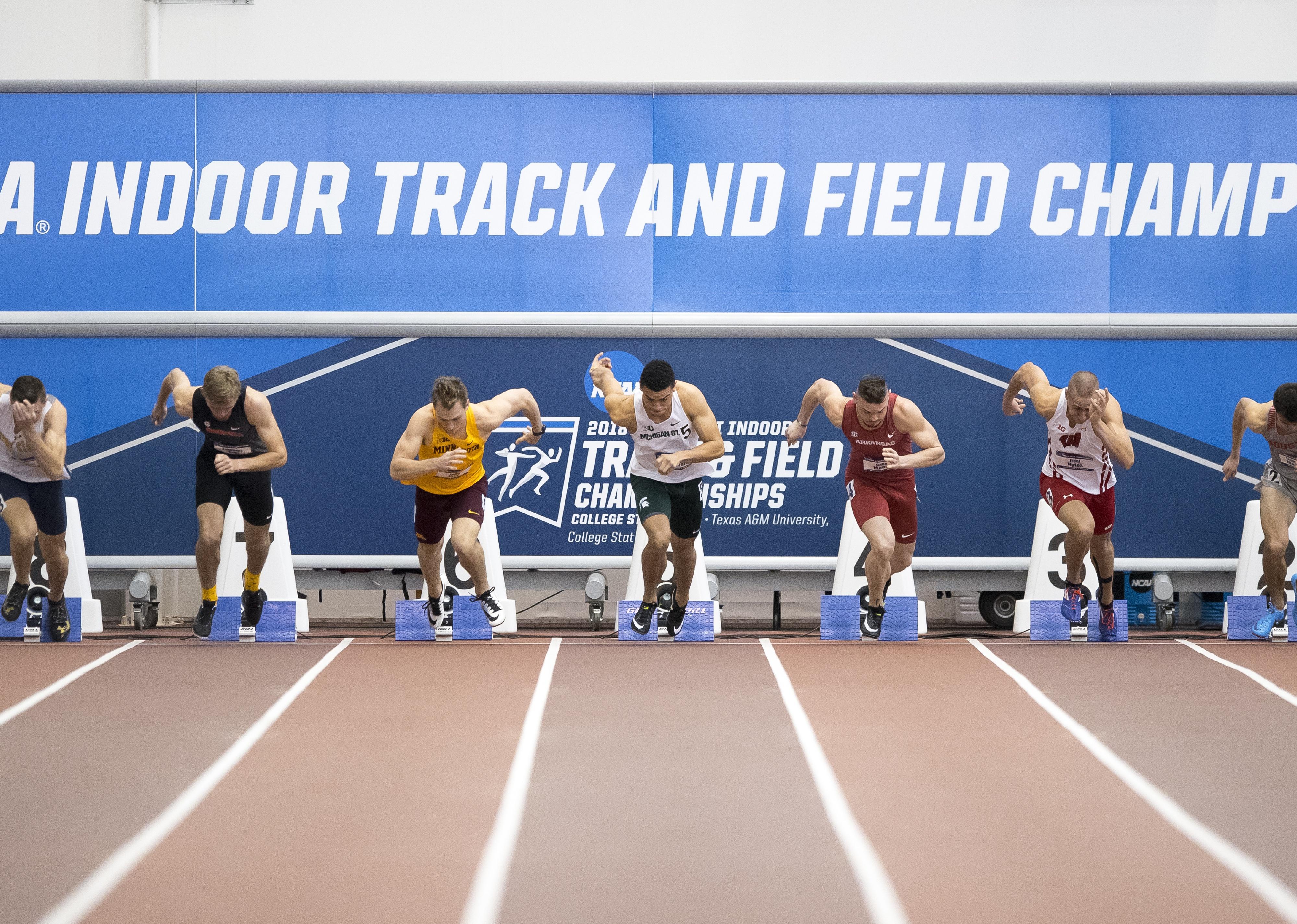 NCAA track runners starting a race.