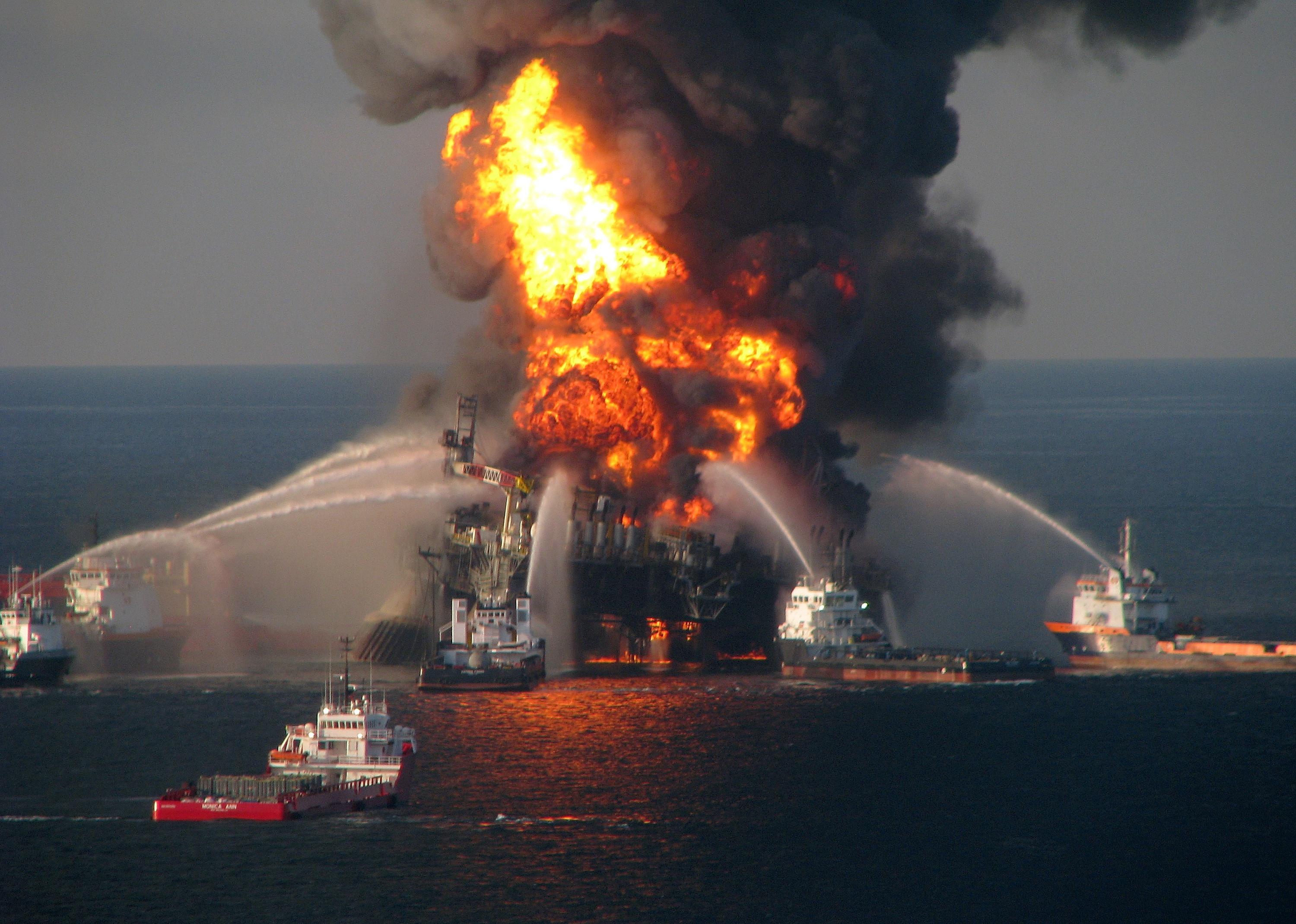 Fire boat response crews battle the blazing remnants of the off-shore oil rig.