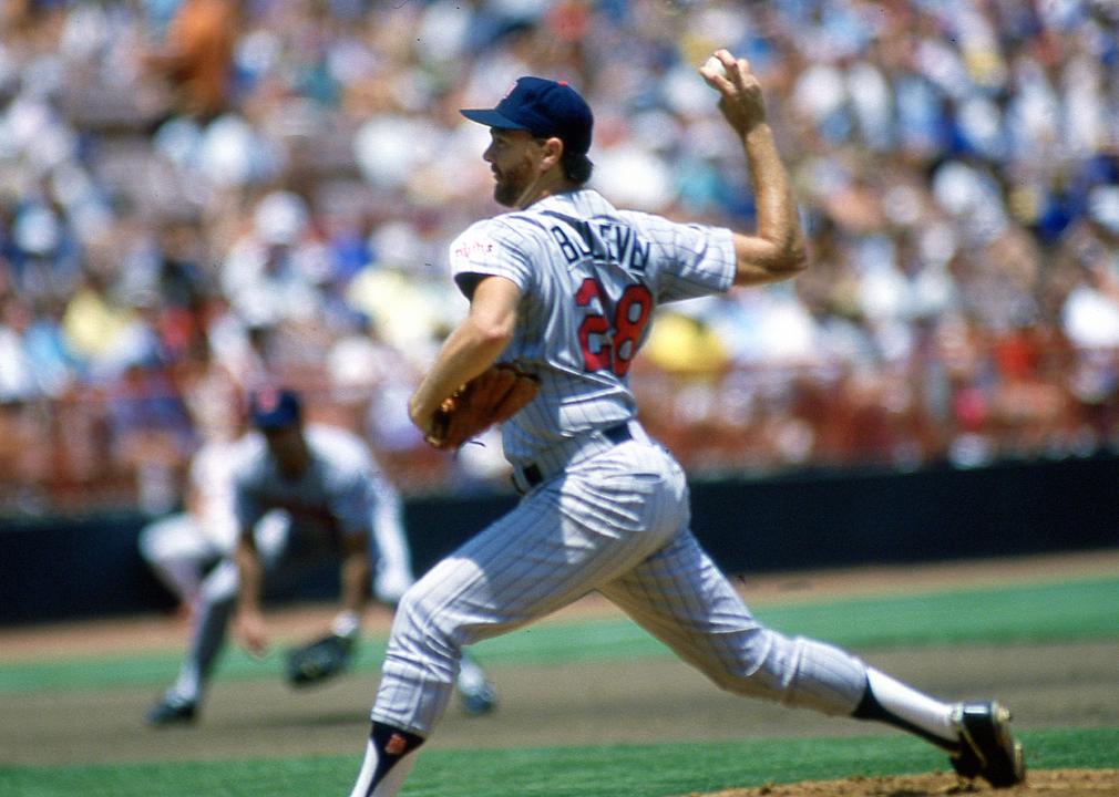 Bert Blyleven of the Minnesota Twins pitches against the California angels.