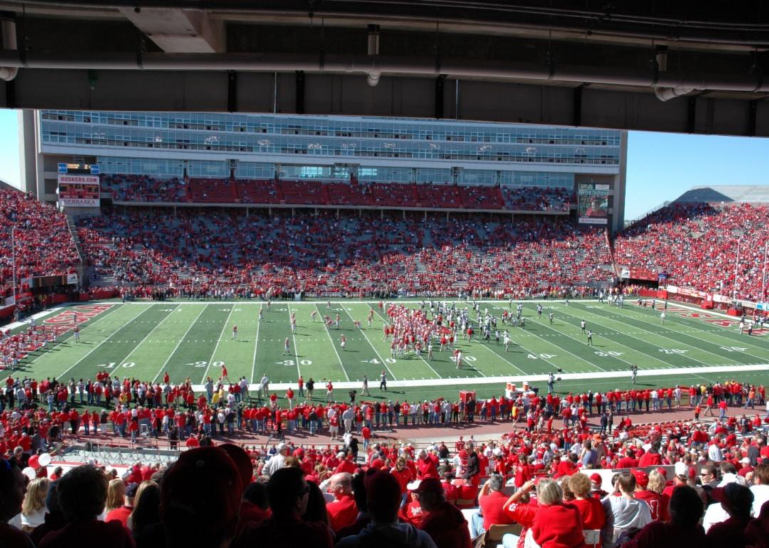 A football game at Memorial Stadium in Lincoln.