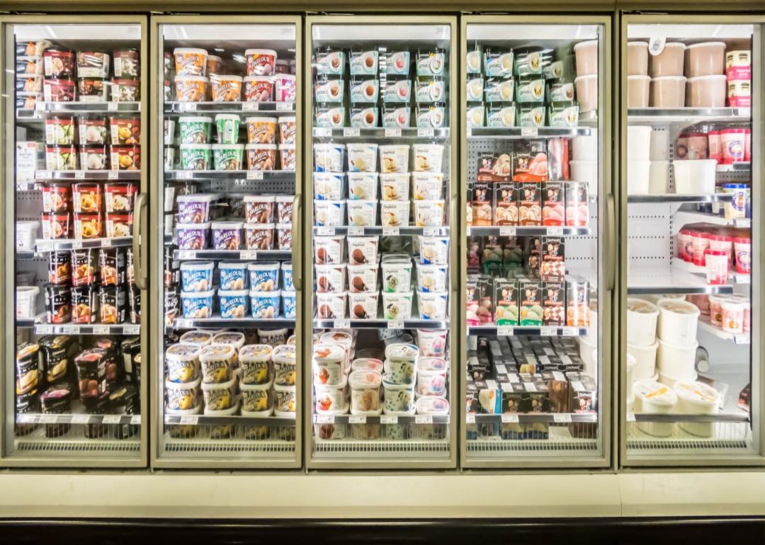 The ice cream aisle at the grocery store.