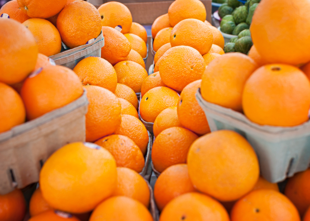 Baskets of navel oranges.