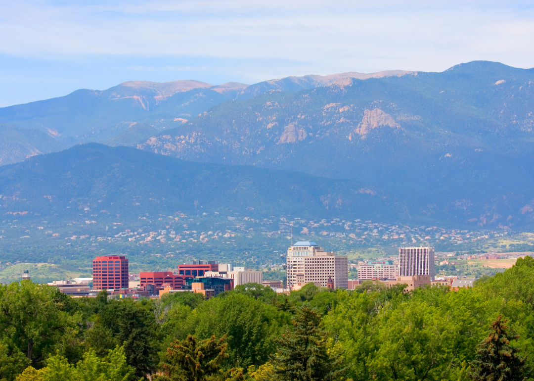 Aerial view of Colorado Springs in the mountains.