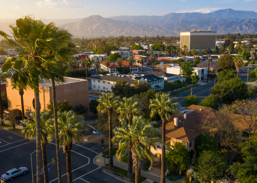 Aerial view of palm trees over downtown Redlands.