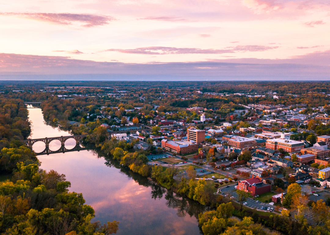 Aerial view of Fredericksburg at sunset.