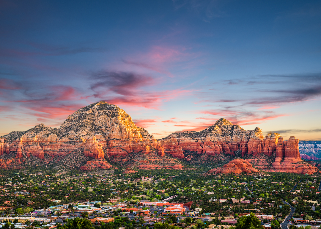 An aerial view of Sedona in the red mountains.