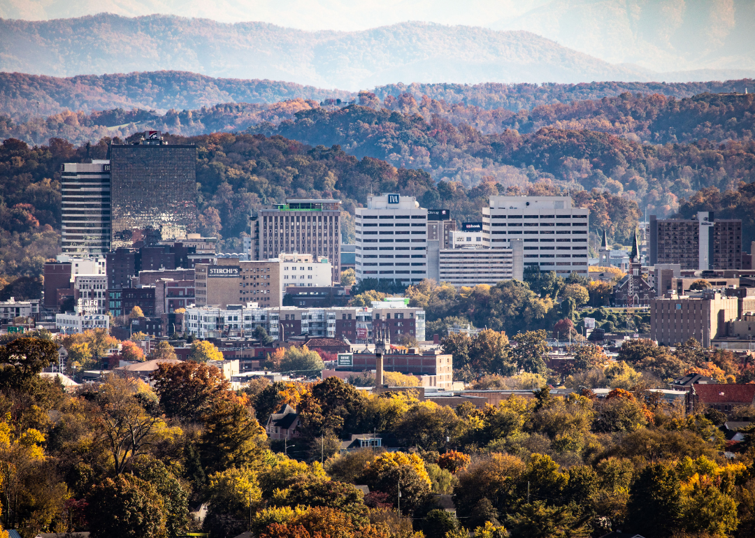 The Great Smoky Mountains with the Knoxville, Tennessee skyline in the foreground.