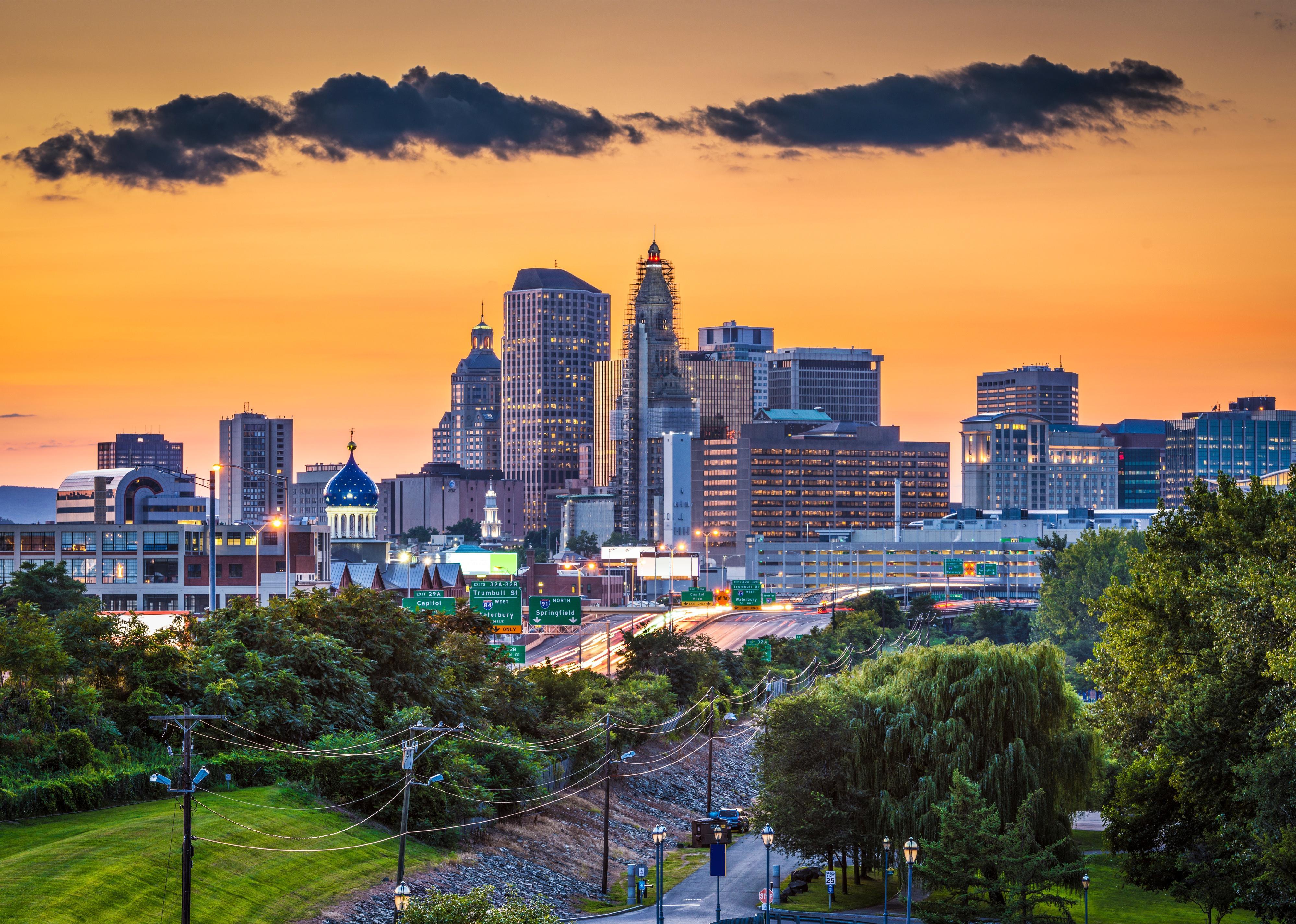 A view of the Hartford skyline at sunset.