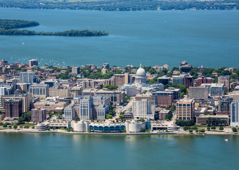 Downtown Madison, Wisconsin with water on both sides.