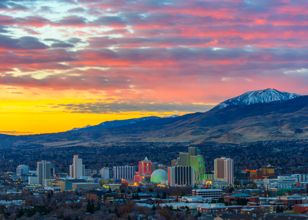 Downtown Reno, NV against an orange and pink sunset.