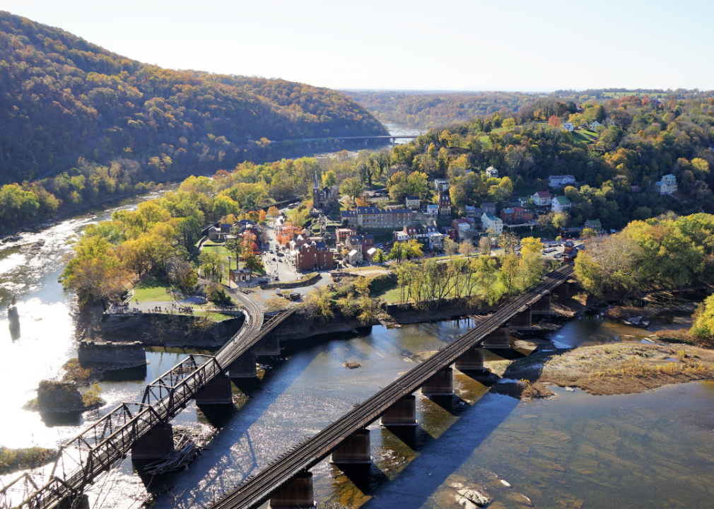 Several bridges crossing the Potomac River to Harper's Ferry, West Virginia.